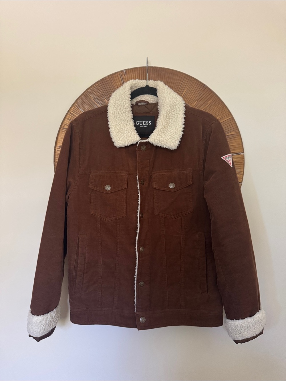 GUESS Brown Sherpa-Lined Bomber Jacket with Cream Trim | Unisex